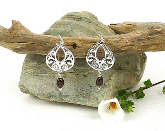 Sterling silver filigree chandelier earrings with red garnet stones dangling and wire wrapped  with silver wire. Beautiful gift for her!