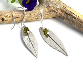 Long sterling silver leaf earrings, handmade...with dangling wire wrapped olivine crystals....Beautiful one of a kind gift for her!