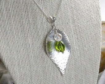 Fine Silver minimalist pendant, textured and leaf shape. AB and peridot crystal wire wrapped beads| Beautiful unique gift for her!