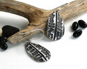 Handmade Sterling silver earrings with black patina hieroglyphic pattern. Teardrop shape. Birthday gift for her! Mother's Day gift!