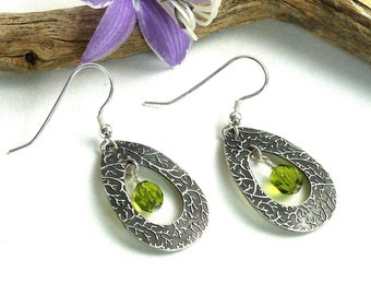 Sterling silver earrings, teardrop shape with dangling peridot crystal bead, textured...handmade. Mother's Day Gift! Birthday gift for her!