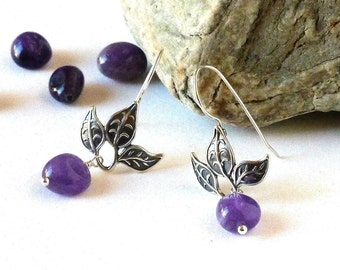 Sterling Silver Leaf Earrings with dangling silver wire wrapped amethyst beads...Beautiful handmade gift for her!