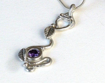 Sterling silver pendant with silver leaves and amethyst zirconia, Handmade silver pendant....Beautiful gift for her/ Birthday gift for her!