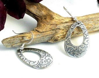 Silver teardrop earrings, handmade with a small swirly pattern and added patina| Birthday gift for her! Beautiful gift for her!