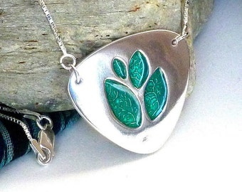 Handmade fine silver 'champlevé' glass enameled pendant, sea green, soft triangle shape. Beautiful unique gift for her!