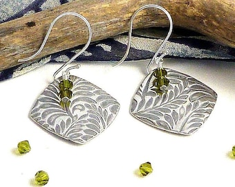 Beautiful Sterling silver earrings with a fern texture and dangling olive crystals...Handmade, Beautiful one of a kind gift for her!