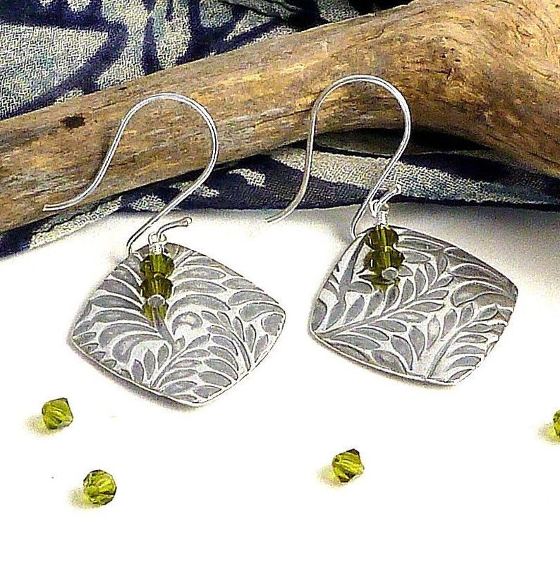 Beautiful Sterling silver earrings with a fern texture and retailer dangling olive crystals...Handmade, Beautiful one of a kind gift for her!