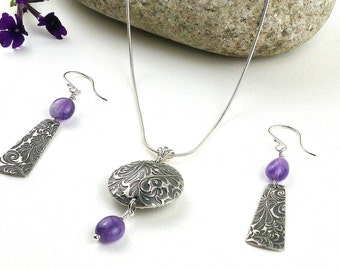 Handmade Silver Jewelry Set, Sterling pendant necklace and dangling earrings with amethyst beads. Perfect gift for her...Great gift for her!