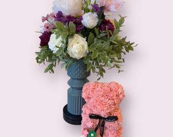 Set de regalo para el Día de la Madre: Ramo de flores, oso de rosas e imanes de flores