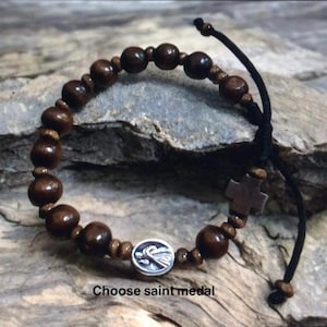 Men's or boy Catholic rosary bracelet for him, Wood bead rosary, wooden cross, St Joseph, St Michael, Miraculous medal, St Gerard