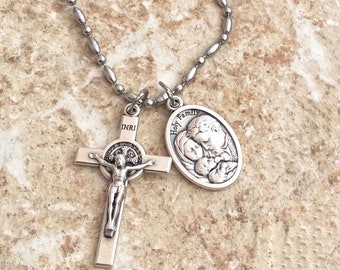 Holy family necklace with St.Benedict cross, saint necklace, fathers day gift, mothers day gift, christian jewelry, catholic necklace