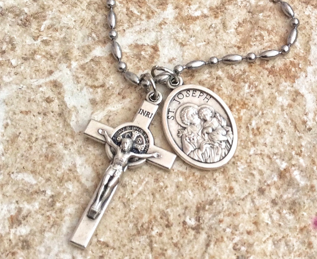 St Joseph Necklace With St.benedict Cross, Catholic Necklace, Christian
