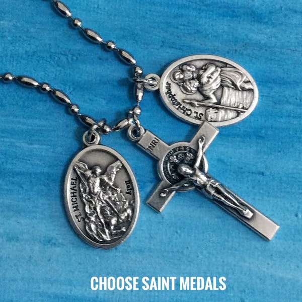 Protection from evil necklace. Benedictine Crucifix, Miraculous Medal, Guardian Angel/St Michael Archangel, St Christopher, St Jude, St Anne