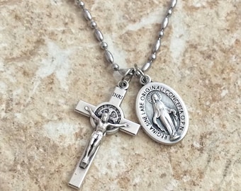 Miraculous Medal Mary necklace, St Benedict cross, miraculous medal, st benedict cross, saint necklace, saint gifts, christian gift