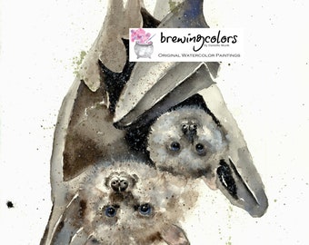 BAT WATERCOLOR PRINT -  watercolor bat art, bat print, bat decor, halloween decor, bat  painting,  vampire bat, fruit bat painting, cute bat