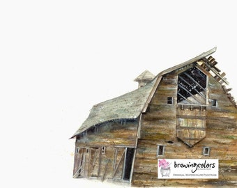 OLD BARN PRINT - watercolor old barn art, farmhouse art print, farmhouse decor, old barn decor, barn painting, watercolor barn, rustic barn