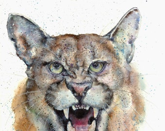 COUGAR ART PRINT - watercolor mountain lion, cougar wall art, cougar art, cougar decor, wild cat art, puma art, panther art, cougar painting