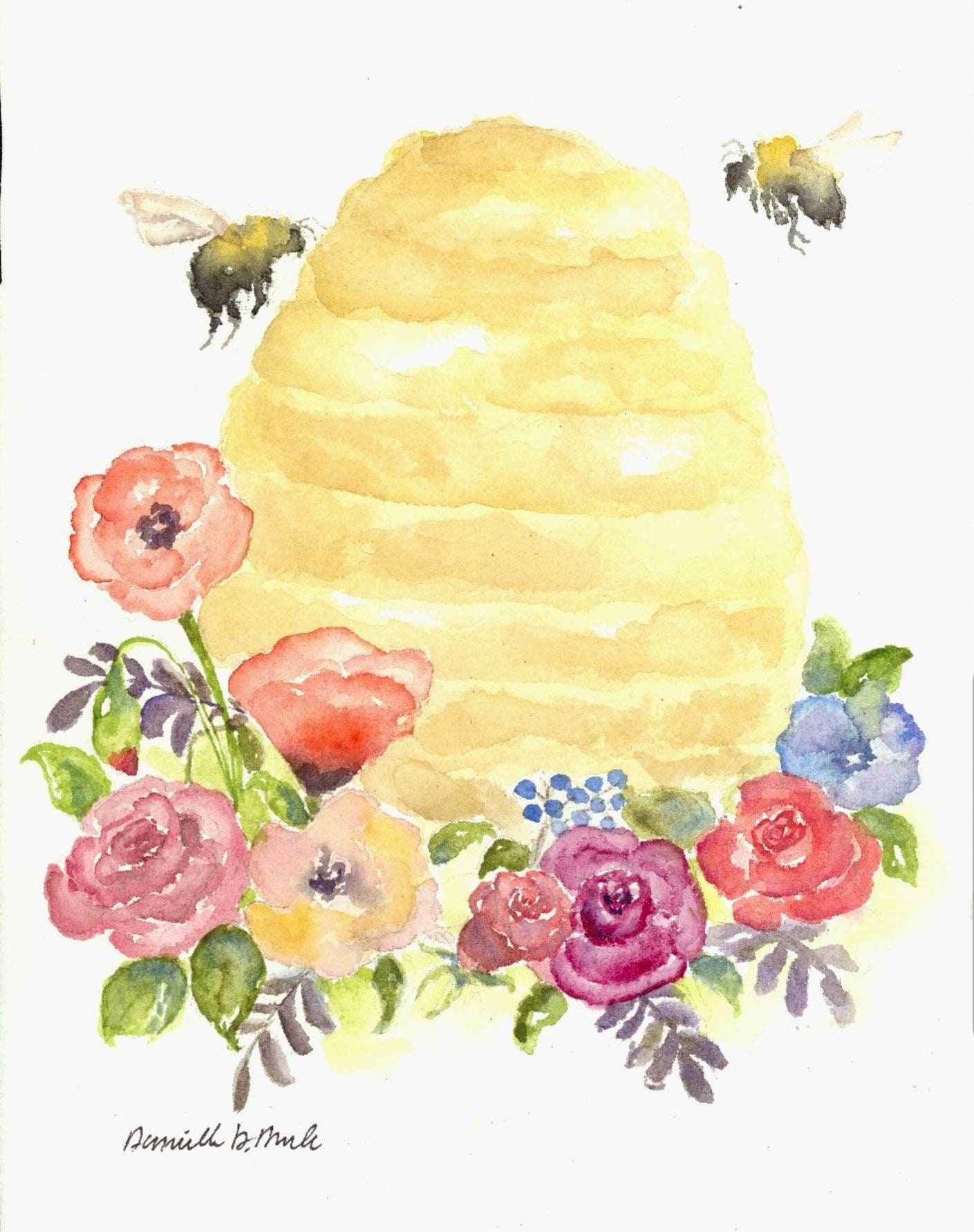 BEEHIVE ART PRINT watercolor beehive print bee art | Etsy