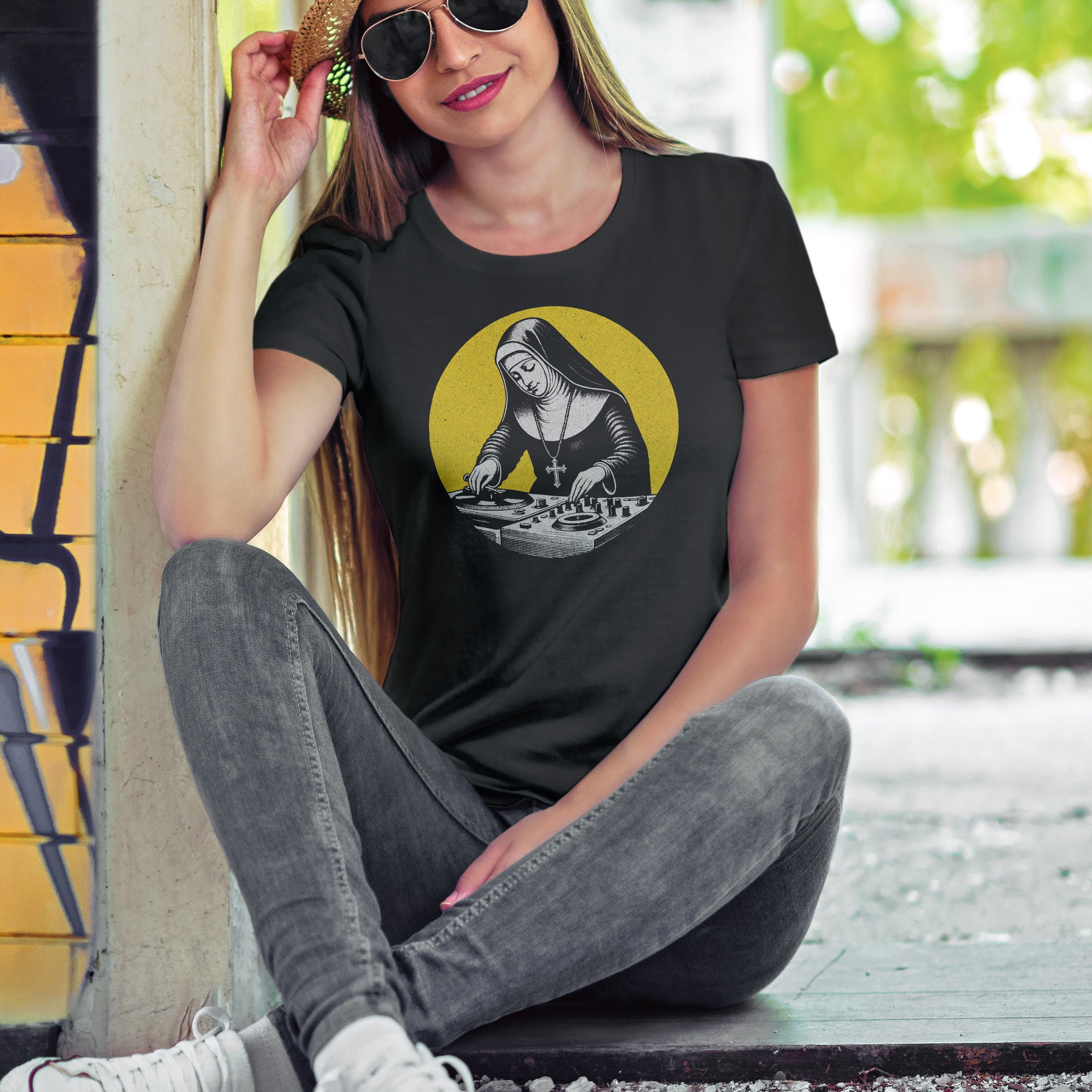 Nuns and Twos Shirt - DJ Nun Turntable Tee - Funny Retro Vintage Shirt - Dark Humor Nun Shirt - Unisex T-shirt