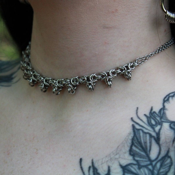 Byzantine And Chain Stainless Steel Chainmail Choker Necklace | Unisex Necklace | Silver Choker