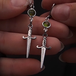 Stainless Steel Sword Green Glass Huggie Hoop Earrings | Silver Earrings | Gothic | Alternative