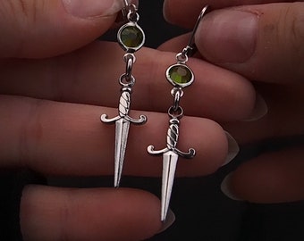 Stainless Steel Sword Green Glass Huggie Hoop Earrings | Silver Earrings | Gothic | Alternative