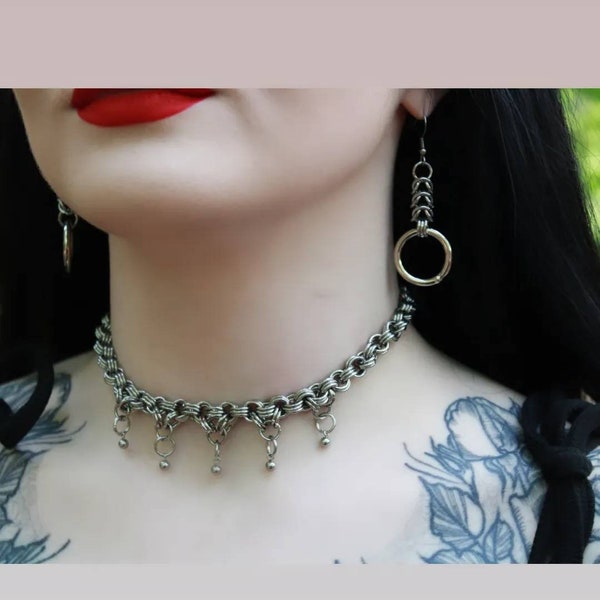 Stainless Steel Chainmaille Gothic Choker | Chunky Necklace | Grunge | Ball Charm | Hand Made |