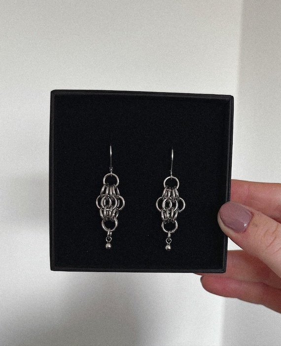 Stainless Steel Chain Drop Huggie Hoop Earrings | Chainmaille | Gothic Earrings