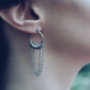 Gothic Double Loop Chain Drop Stainless Steel 20mm Hoop Earrings