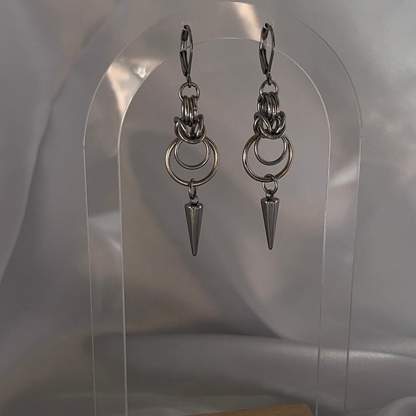 Stainless Steel Gothic Chainmail Double O Ring Spike Earrings | Huggie Hoops | Silver Hoops