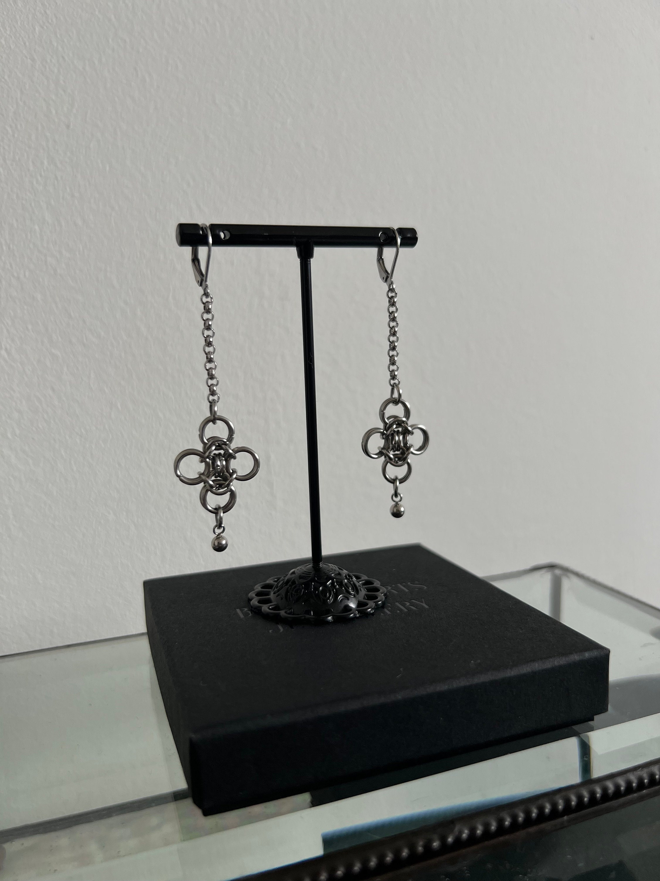 In Bloom Chain Drop Chainmail Huggie Hoop Earrings Stainless Steel Silver Earrings