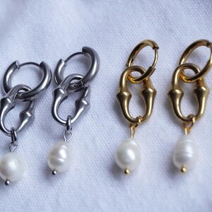 Stainless Steel Real Pearl Shackle Hoop Earrings | Gothic | Grunge | Victorian Inspired Jewellery | Silver Hoops