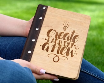 Wooden journal personalized, Custom wood binder, Wooden & leather notebook, A5 ring binder, Refillable notebook, Ring planner