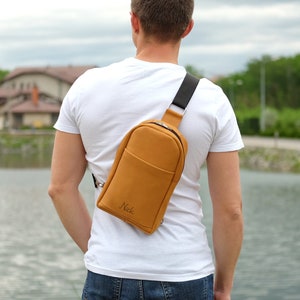 Leather Sling Bag, Personalized Mens Crossbody Bag, Hip Bag, Minimalist Bum Bag, Side Bag, Men&#39;s Shoulder Bag, Chest Bag, Mens Fanny Pack