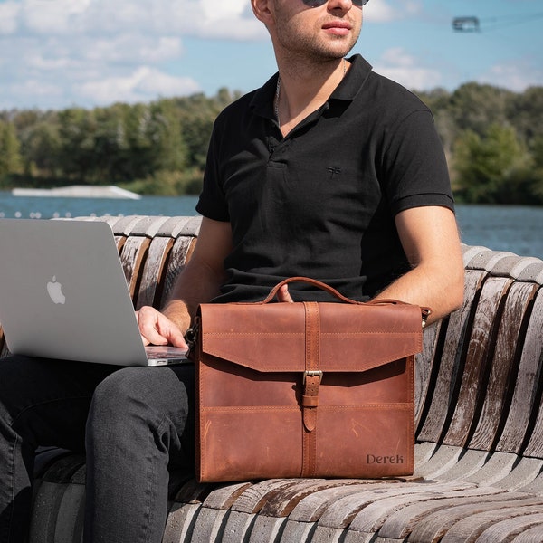 Messenger Bag for Computer, Custom Laptop Bag for Men, Distressed Leather Briefcase Personalized, Slim Crossbody Satchel for Macbook