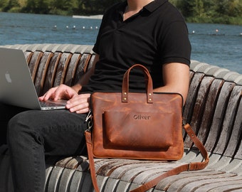 Leather laptop bag with strap, Macbook pro bag 13, 14, 15, 16 inch, Macbook air bag 13 inch, Shoulder bag men with engraving