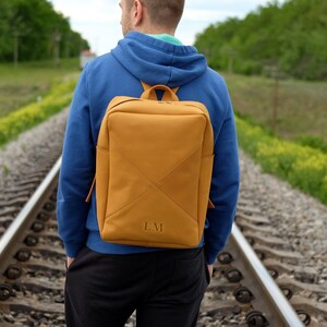 Personalized Leather Backpack with Initials, Slim Laptop Bag, Engraved Computer Case