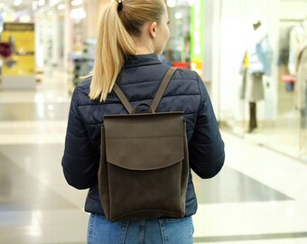 Leather backpack for women, Medium backpack purse, Genuine leather shoulder bag, Womens rucksack with zipper, City backpack for everyday use