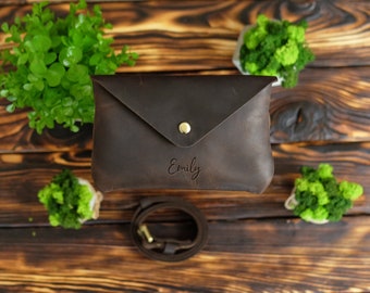 Envelope Belt Bag, Personalized Small Leather Fanny Pack, Womens Waist Purse, Bum Bag for Ladies, Mini Hip Bag for Phone