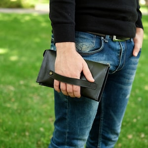 Clutch Bag for Men, Large Leather Wallet Personalized, Mens Clutch, Wristlet Wallet for Him, Custom Long Wallet, Phone Wallet, Gift for Dad