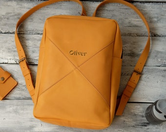 Leather Laptop Backpack, Personalized Slim Rucksack for Computer, Teacher Gift