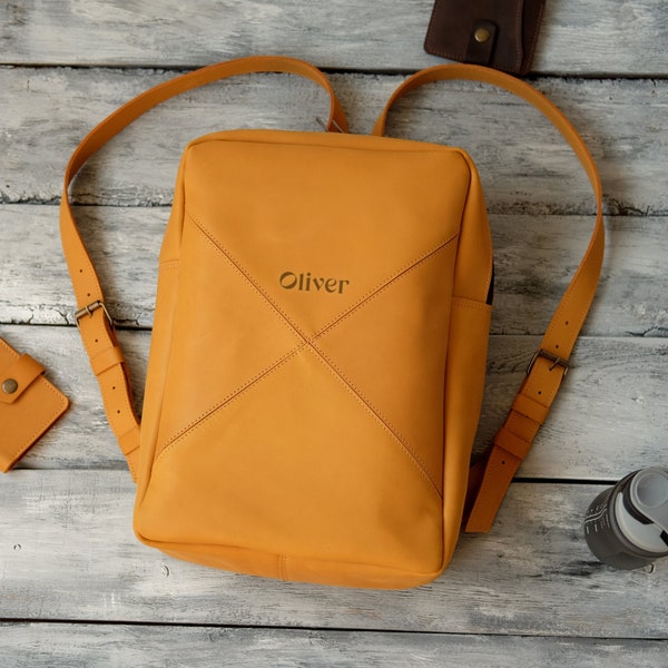 Leather Laptop Backpack, Personalized Slim Rucksack for Computer, Teacher Gift