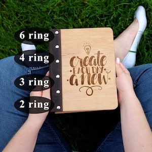 Pasta de madeira personalizada, diário de madeira personalizado, pasta de argolas A5, pasta de caderno de madeira com 6 argolas, diário recarregável, planejador de madeira