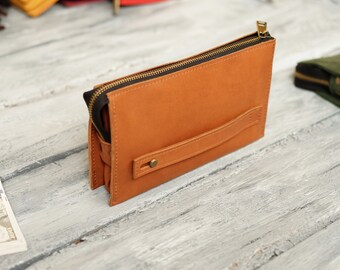 Lange portemonnee met ritssluiting en kaartsleuven, heren reisportemonnee voor telefoon, op maat gemaakte leren portemonnee, iPhone portemonnee clutch