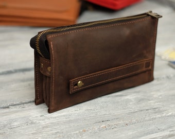 Cartera de cuero larga personalizada, billetera con cremallera y ranuras para tarjetas, regalo para padrino, funda para teléfono, regalo para papá