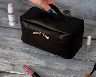 Personalized Cosmetic Bag, Large Travel Toiletry Organizer Case, Black Leather Vanity Case, Custom Big Makeup Bag