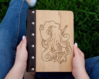 Wooden Ring Binder, A5 Leather Notebook, Custom Engraved Journal, Ringbound Refillable Planner for Women and Men