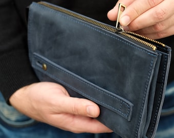 Cartera para teléfono con cremallera para hombre, billetera larga de cuero con ranuras para tarjetas, billetera con cremallera personalizada para mujer, billetera de cuero tipo sobre, regalo para papá