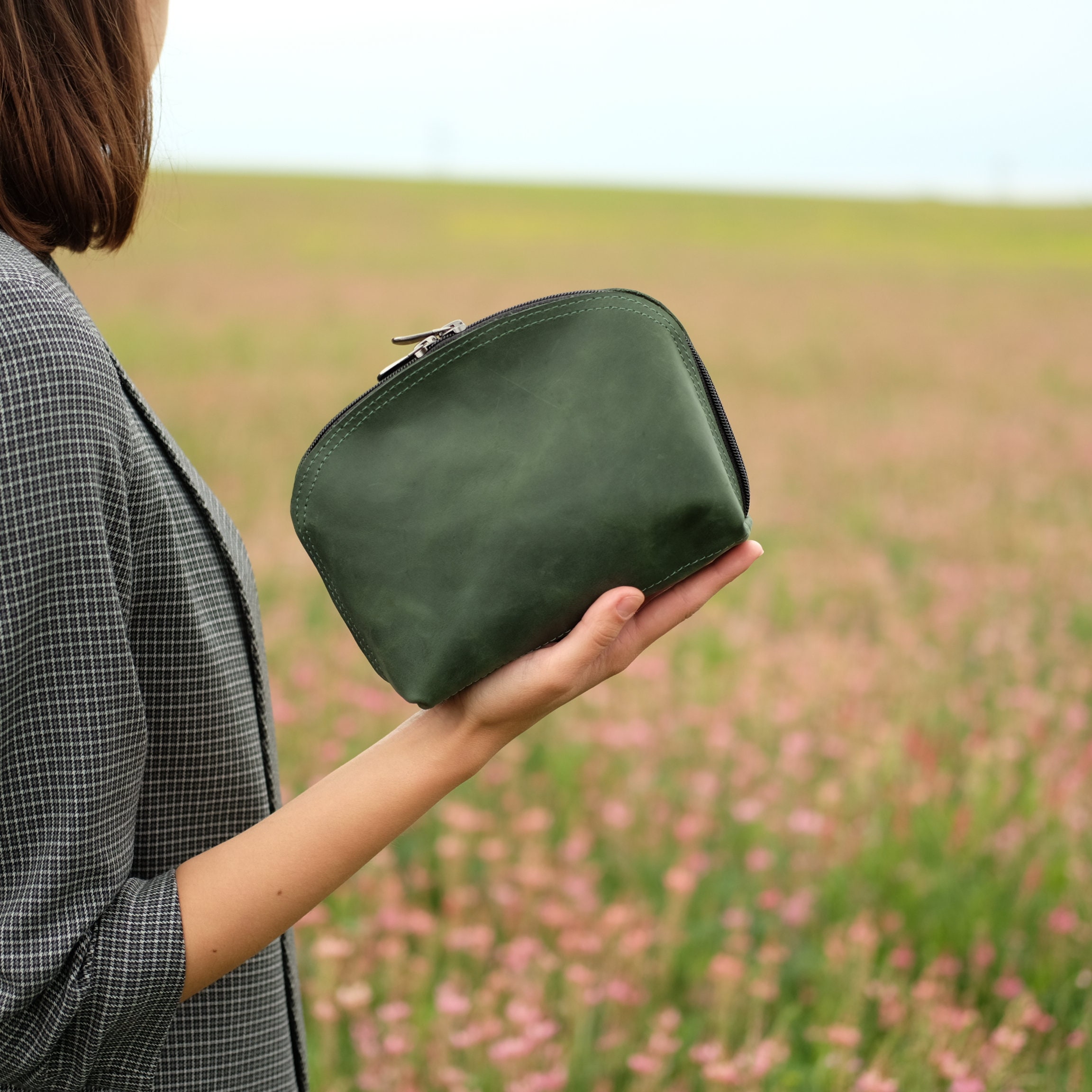 Women small green makeup bag Personalized leather cosmetic bag Etsy