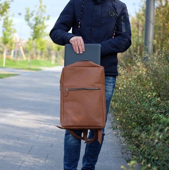 Leather Laptop Backpack, Slim Computer Bag, Personalized Macbook Bag